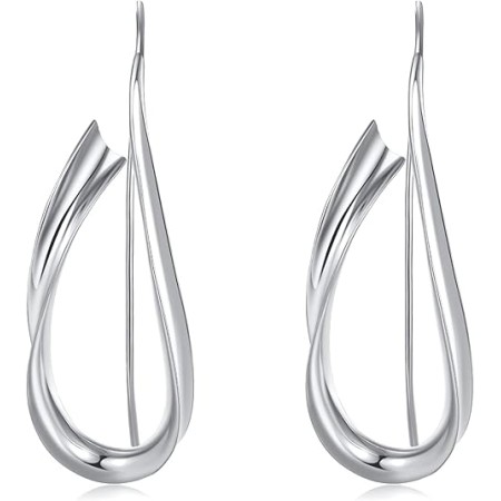 VIKI LYNN Streamline Drop Hook Earrings for Women Statement Earrings (Color: Silver)