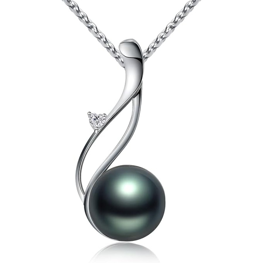 VIKI LYNN Tahitian Black Pearl Necklace for Women 9-10mm Off-Round Tahitian Cultured Black Pearl Pendant with 925 Sterling Silver Chain(Style: Zircon Style) VIKI LYNN Tahitian Black Pearl Necklace for Women 9-10mm Off-Round Tahitian Cultured Black Pearl Pendant with 925 Sterling Silver Chain(Style: Zircon Style)