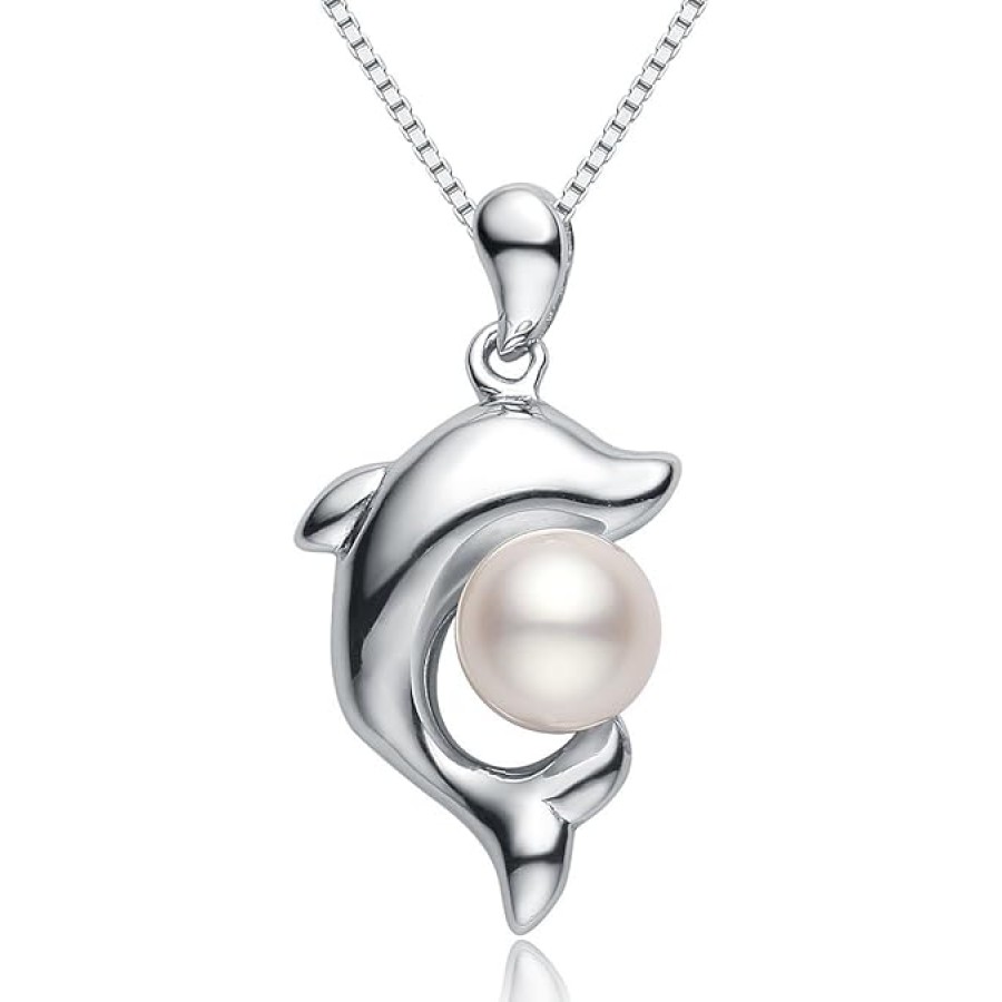 VIKI LYNN Dolphin Pearl Necklace with 5-6mm Freshwater Cultured Pearl 925 Sterling Silver Chain Dolphin Jewelry for Women VIKI LYNN Dolphin Pearl Necklace with 5-6mm Freshwater Cultured Pearl 925 Sterling Silver Chain Dolphin Jewelry for Women