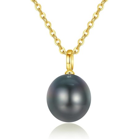 VIKI LYNN Tahitian Black Pearl Necklace for Women 9-10mm Off-Round Tahitian Cultured Black Pearl Pendant with 925 Sterling Silver Chain (Color: 18k yellow gold)