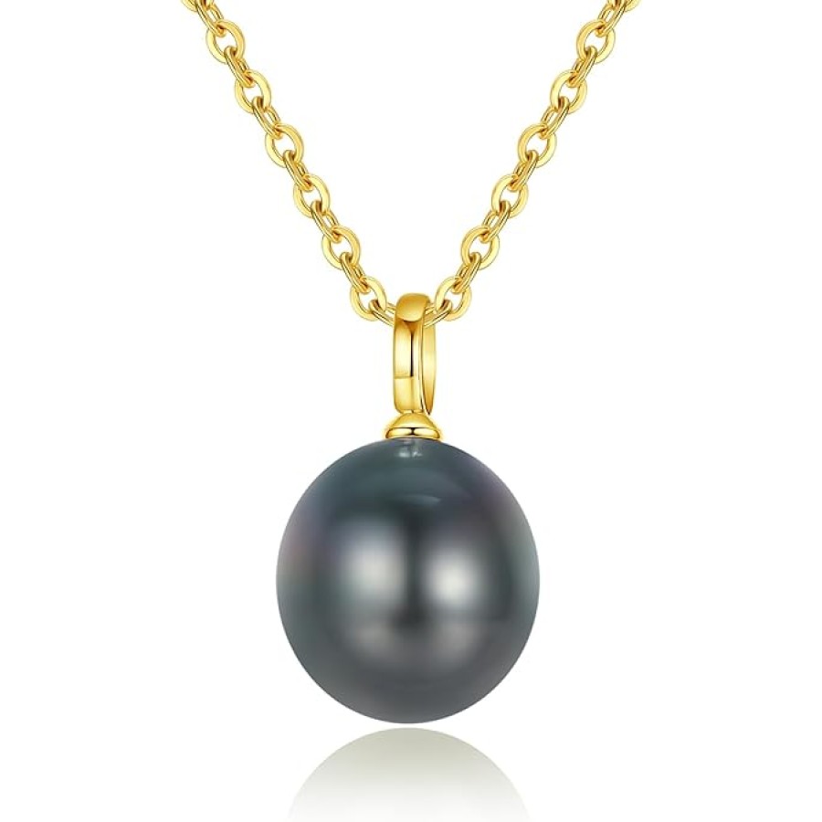 VIKI LYNN Tahitian Black Pearl Necklace for Women 9-10mm Off-Round Tahitian Cultured Black Pearl Pendant with 925 Sterling Silver Chain (Color: 18k yellow gold) VIKI LYNN Tahitian Black Pearl Necklace for Women 9-10mm Off-Round Tahitian Cultured Black Pearl Pendant with 925 Sterling Silver Chain (Color: 18k yellow gold)