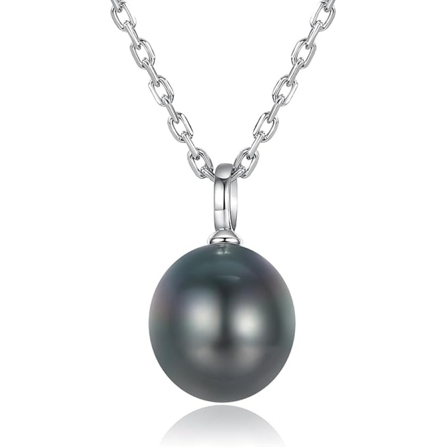 VIKI LYNN Tahitian Black Pearl Necklace for Women 9-10mm Off-Round Tahitian Cultured Black Pearl Pendant with 925 Sterling Silver Chain (Color: 18k white gold) VIKI LYNN Tahitian Black Pearl Necklace for Women 9-10mm Off-Round Tahitian Cultured Black Pearl Pendant with 925 Sterling Silver Chain (Color: 18k white gold)