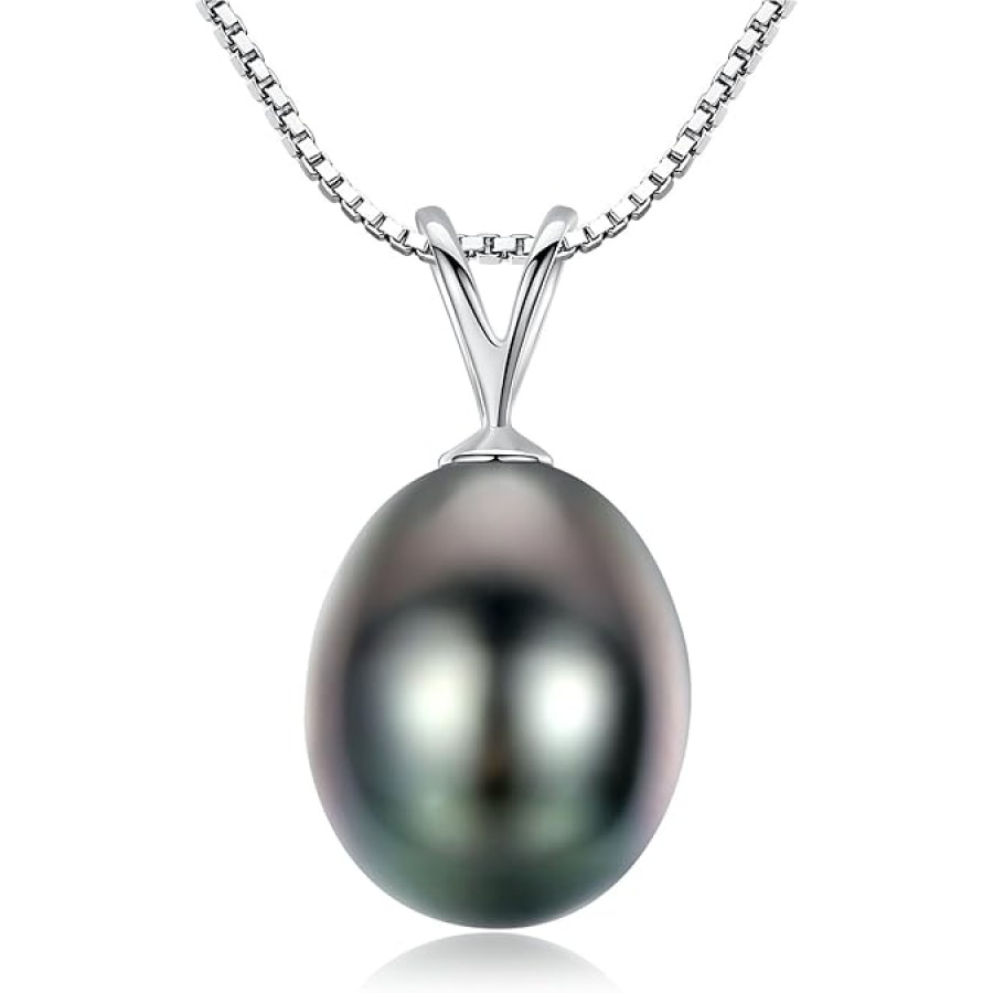 VIKI LYNN Tahitian Black Pearl Necklace for Women 9-10mm Teardrop-shaped Tahitian Cultured Black Pearl Pendant with 925 Sterling Silver Chain (Color: white gold) VIKI LYNN Tahitian Black Pearl Necklace for Women 9-10mm Teardrop-shaped Tahitian Cultured Black Pearl Pendant with 925 Sterling Silver Chain (Color: white gold)