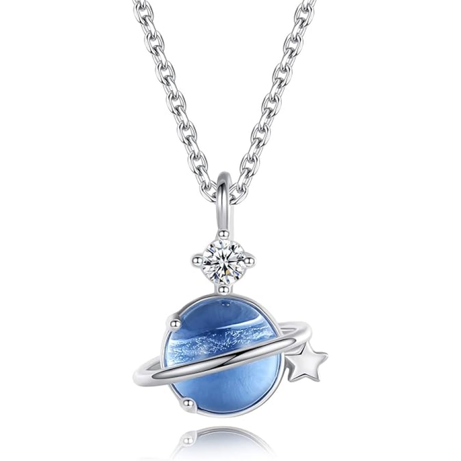 VIKI LYNN 925 Sterling Silver Mini Blue Star Planet Pendant Necklace for Women VIKI LYNN 925 Sterling Silver Mini Blue Star Planet Pendant Necklace for Women