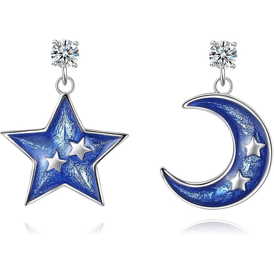 VIKI LYNN 925 Sterling Silver Asymmetric Blue Star and Moon Stud Earrings for Women VIKI LYNN 925 Sterling Silver Asymmetric Blue Star and Moon Stud Earrings for Women