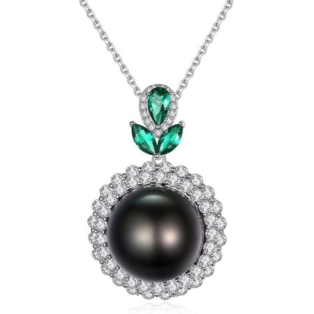 VIKI LYNN 12-13mm Round Tahitian Cultured Black Pearl Pendant Necklace 925 Sterling Silver CZ for Women