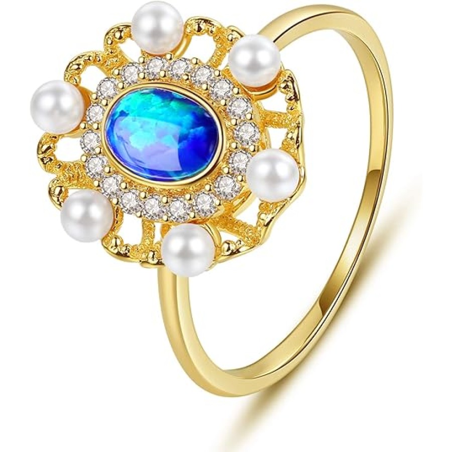 VIKI LYNN Blue Opal Ring with Shell Pearls 18K Gold Plated Engagement Halo Band Ring Jewelry for Women VIKI LYNN Blue Opal Ring with Shell Pearls 18K Gold Plated Engagement Halo Band Ring Jewelry for Women