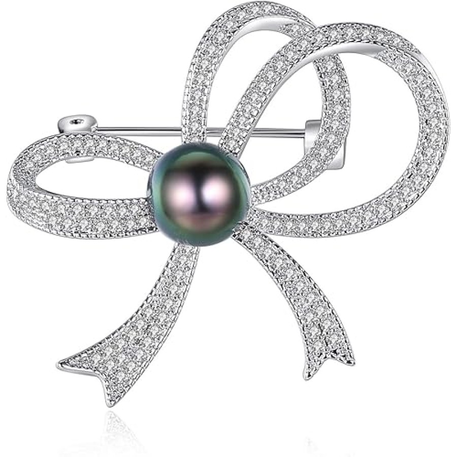 VIKI LYNN Women Lady Cubic Zirconia Bowknot Brooch 9-10mm Tahitian Pearl Brooch Pin VIKI LYNN Women Lady Cubic Zirconia Bowknot Brooch 9-10mm Tahitian Pearl Brooch Pin