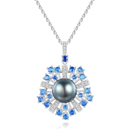 VIKI LYNN 10-11mm AAA Black Tahitian Cultured Pearl Pendant Necklace Jewelry for Women with Blue Spinel