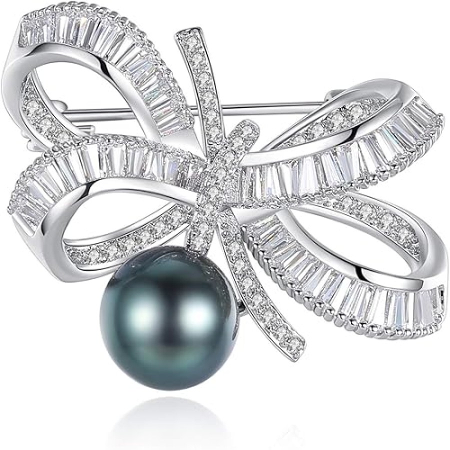 VIKI LYNN Cubic Zirconia Bowknot 9-10mm Tahitian Pearl Brooch Pin for Women VIKI LYNN Cubic Zirconia Bowknot 9-10mm Tahitian Pearl Brooch Pin for Women